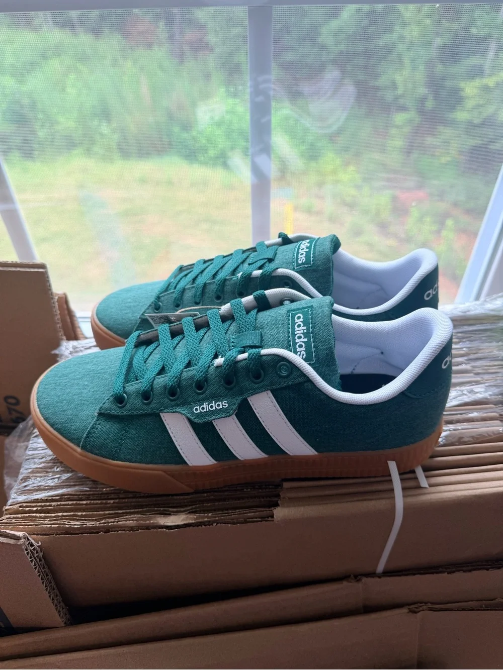 adidas Teal Suede Sneakers with White Stripes and Gum Sole
